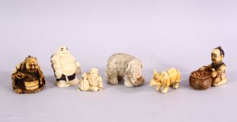 A COLLECTION OF LATER 19TH / 20TH CENTURY JAPANESE CARVED IVORY NETSUKE, one of a rhino, a seated