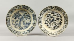 TWO CHINESE WANLI PERIOD BLUE AND WHITE PEACOCK PATTERN SHIPWRECK PLATES. 10ins diameter.