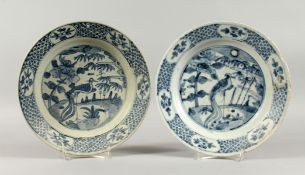 TWO CHINESE WANLI PERIOD BLUE AND WHITE PEACOCK PATTERN SHIPWRECK PLATES. 10ins diameter.