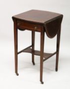 AN EDWARDIAN MAHOGANY AND SATINWOOD BANDED SMALL DROP LEAF TABLE, with a drawer to one end, tapering
