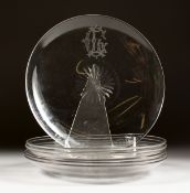 A SET OF SIX CUT GLASS ICE PLATES, each engraved with a monogram. 7.5ins diameter.