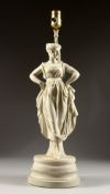 A BISQUE PORCELAIN LAMP, as a classical female figure on a circular base. 20ins high.