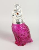 A SILVER PLATED CRANBERRY PARROT CLARET JUG. 9.5ins high.