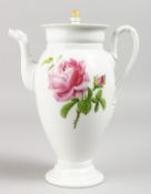 A GOOD MEISSEN COFFEE POT AND COVER painted with pansies and roses. Cross swords mark in blue.