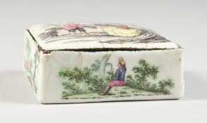 AN 18TH CENTURY ENAMEL BOX AND COVER, the top with a shepherdess and boy, the sides with rural