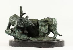 A GOOD BRONZE GROUP of a bull elephant and calf, in a naturalistic setting, on a marble base.