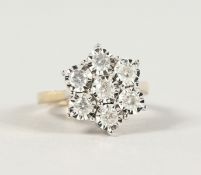 A SUPERB 9CT GOLD SEVEN STONE DAISY CLUSTER RING.