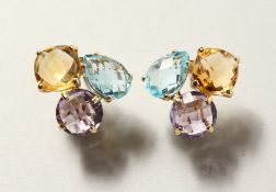 A GOOD PAIR OF AMETHYST, TOPAZ AND CITRINE EARRINGS.