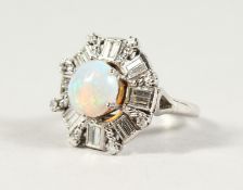 A PLATINUM SET, GOOD OPAL AND DIAMOND ART DECO STYLE CLUSTER RING.