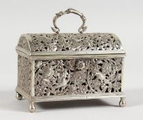 A GOOD DUTCH SILVER DOMED TOP MARRIAGE CASKET, with pierced panels, flowers and birds with swan