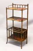 A 19TH CENTURY CHINESE BAMBOO & LACQUER DECORATED WHATNOT, with decorated shelves of birds and