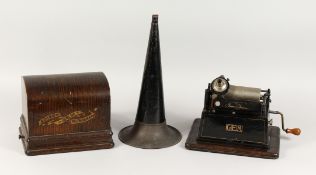 AN EDISON GEM PHONOGRAPH with black japanned trumpet shaped horn.