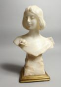 A VERY GOOD LATE 19TH CENTURY CARVED ALABASTER BUST OF A YOUNG GIRL wearing a rose, on a square
