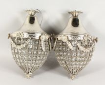 A SMALL PAIR OF PINEAPPLE SHAPED CRYSTAL LIGHTS. 13ins long.