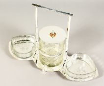 A SILVER PLATE AND CUT GLASS HEART SHAPED JAM SET.