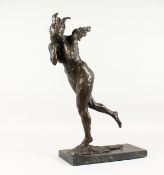 A WINGED BRONZE NAKED LADY on a marble base. 22ins high.