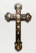 A CHINESE ROSEWOOD CRUCIFIX, with mother-of-pearl inlaid floral decoration. 17ins x 9.5ins.