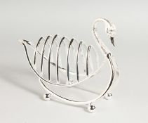 A SILVER PLATED SWAN SIX-DIVISION TOAST RACK on four ball feet.