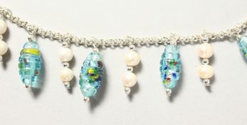 A SILVER AND ITALIAN GLASS AND PEARL BRACELET.