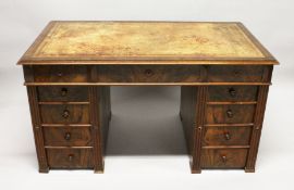 A RECTANGULAR TOP MAHOGANY PEDESTAL DESK, with inset leather top, three frieze drawers and three