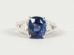 A SUPERB 18CT WHITE GOLD, SAPPHIRE (5.81CTS) AND DIAMOND RING with certificate.