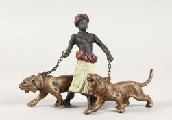 A VIENNA COLD CAST PAINTED BRONZE ARAB WITH TWO LIONS. 4ins.