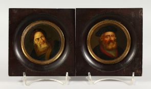 A PAIR OF 19TH CENTURY CIRCULAR PORTRAIT MINIATURES OF BEARDED MEN. 5.5ins square.
