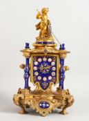 A VERY GOOD 19TH CENTURY FRENCH GILT BRONZE AND BLUE ENAMEL CLOCK, striking on a single bell, with