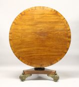 A 19TH CENTURY MAHOGANY CIRCULAR TILT TOP BREAKFAST TABLE, with a rosewood banded top, turned and