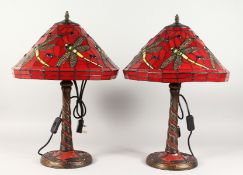 A GOOD PAIR OF DRAGONFLY LAMPS in the Tiffany style.