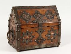 A SMALL GOTHIC REVIVAL METAL BOUND CASKET, 20TH CENTURY, with velvet lined interior. 10ins long.