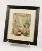 A LATE 19TH CENTURY CONTINENTAL EMBROIDERED PICTURE depicting two standing Saints in a temple framed