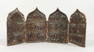 A LATE 19TH / EARLY 20TH CENTURY RUSSIAN BRONZE FOUR PANEL FOLDING TRAVELLING ICON with enamel