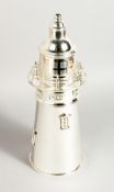 A SILVER PLATED LIGHTHOUSE COCKTAIL SHAKER. 13.5ins high.
