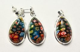 A PAIR OF SILVER AND MILLEFIORI EARRINGS AND PENDANT (3).