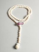 A GOOD SILVER, PEARL AND RUBY SET SNAKE CLASP NECKLACE.