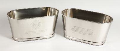 A SMALL PAIR OF BOLLINGER WINE COOLERS. 11ins long.