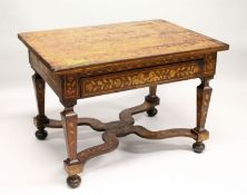 A 19TH CENTURY ROSEWOOD AND MARQUETRY TABLE, the top profusely inlaid with a classical urn, birds,