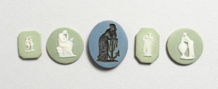 FIVE SMALL JASPER WARE CAMEOS. 1in and smaller.
