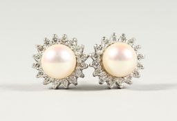 A PAIR OF FINE CULTURED PEARL AND DIAMOND EARRINGS.