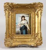 A GOOD DRESDEN UPRIGHT PLAQUE, AFTER SICHEL, Young Girl. 5.5ins x 4ins, in a gilt frame.