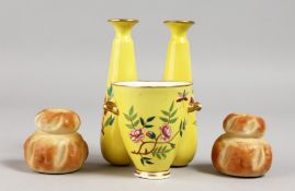 A ROYAL WORCESTER JAPANESQUE TRIPLE FORMED VASE, and a pepper and salt shaker in the form of a
