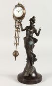 AN ART NOUVEAU STYLE MYSTERY CLOCK OF A STANDING LADY on a circular base. 11ins high.