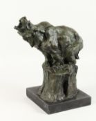 A GOOD ABSTRACT BRONZE GROUP of a roaring bear, standing on a tree stump, on a marble base. 15ins