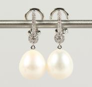 A GOOD PAIR OF 18CT WHITE GOLD, PEARL AND DIAMOND DROP EARRINGS.