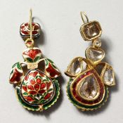 A SUPERB SET OF 18CT GOLD, DIAMOND, RUBY AND ENAMEL DROP EARRINGS.