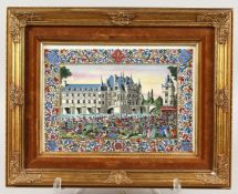 A DECORATIVE PORCELAIN PLAQUE, depicting a festival given by Catherine De Medici, in gilt frame.