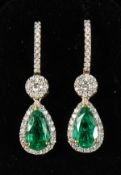 A SUPERB PAIR OF 18CT WHITE GOLD, COLOMBIAN EMERALD AND DIAMOND DROP EARRINGS.