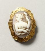 A SMALL GILT METAL MOUNTED CAMEO BROOCH. 1in high.