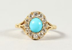 AN 18CT YELLOW GOLD, TURQUOISE AND DIAMOND CLUSTER RING.